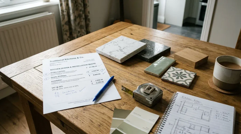 Kitchen renovation cost samples and materials on a table.