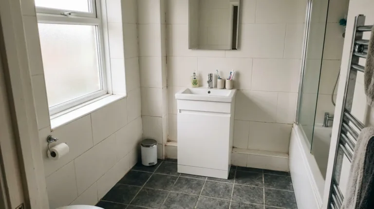 Bathroom with large wall tiles and a practical floor tile.