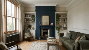 Skimming Stone walls with Hague Blue feature wall in a UK living room.
