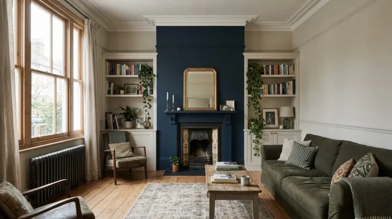 Skimming Stone walls with Hague Blue feature wall in a UK living room.