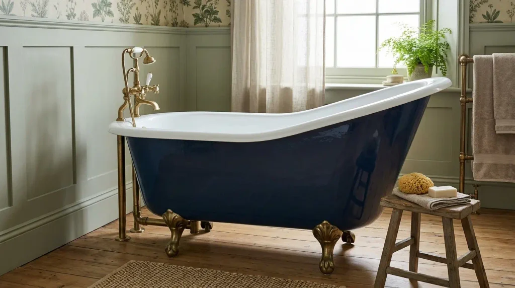 Slipper style roll top bath with raised end.