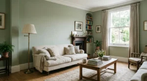 Soft sage green living room walls with warm oak and cream furnishings.
