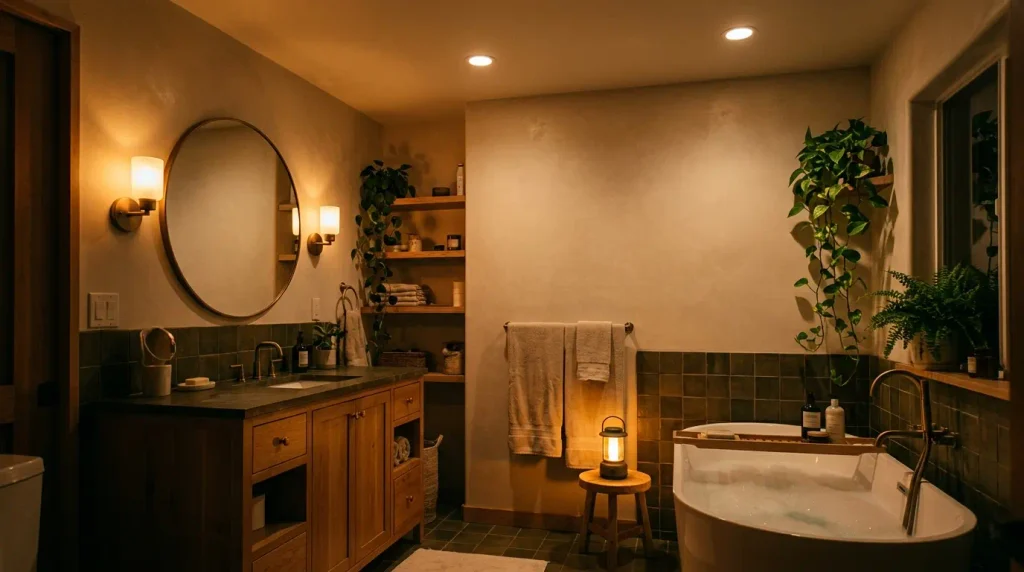 Swap cool, harsh bulbs for warm ones around 2700K to 3000K and add a second, lower light source such as a dimmer, wall light or waterproof lamp. 