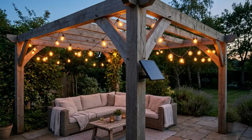 Solar festoon lights under a pergola.