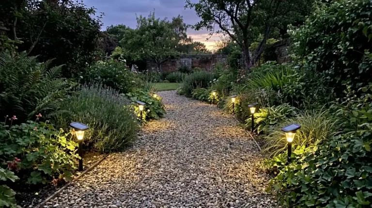 Solar stake lights illuminating a garden path at dusk.
