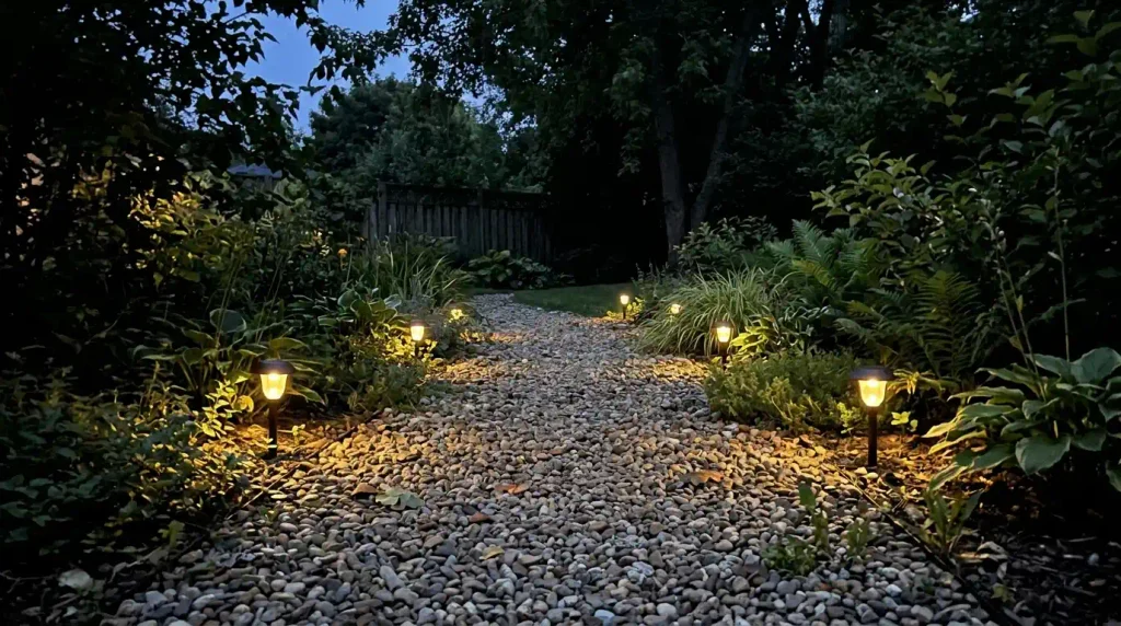 Low-level garden lighting illuminating a path in a British garden at dusk.