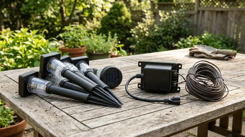 Solar lights and 12 V transformer compared for garden lighting.