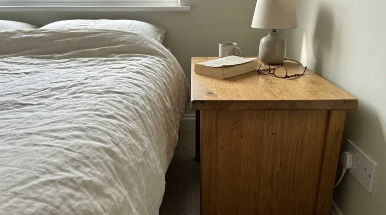 Solid oak bedside table level with a UK bed mattress in natural light.