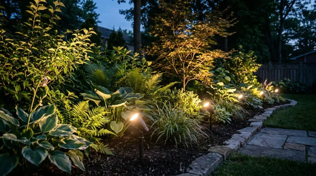 Spike lights highlighting a garden border.