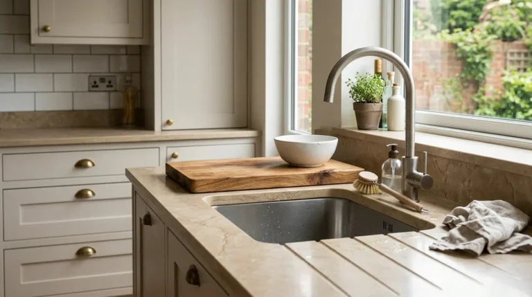 Stainless steel kitchen sink in a bright modern UK kitchen.