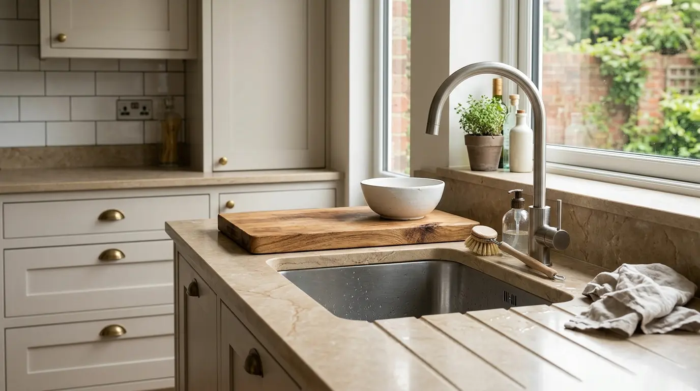 Stainless steel kitchen sink in a bright modern UK kitchen.