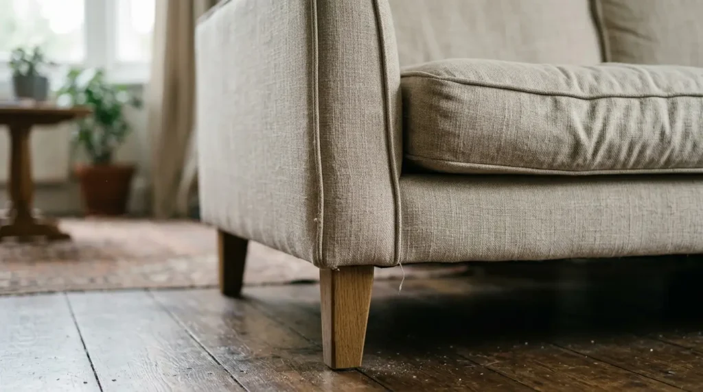Close-up of a hardwood-framed living room sofa corner showing the leg, seam and linen upholstery