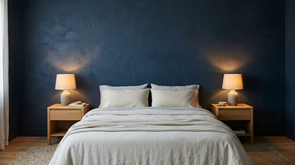 The bed is the styling. A strong feature wall does not need a gallery of frames as well.