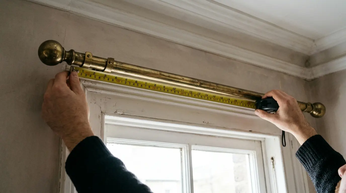 Tape measure along a curtain pole excluding finials above a sash window