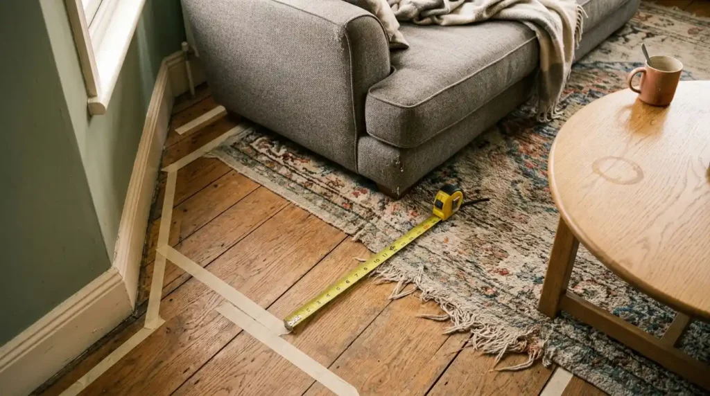 Tape measure between a sofa and coffee table showing living room layout spacing