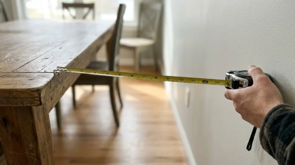 Tape measure showing 90 cm clearance from dining table edge to wal
