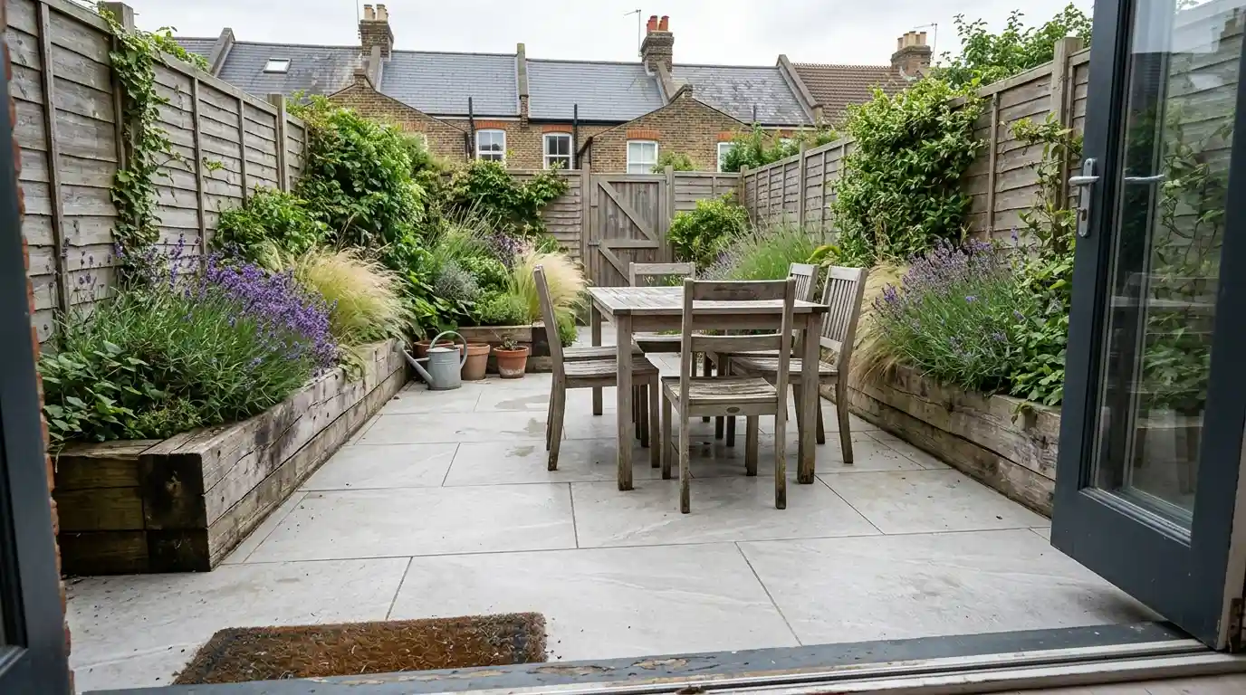 Small UK garden with porcelain paving, raised beds and seating area under soft daylight.