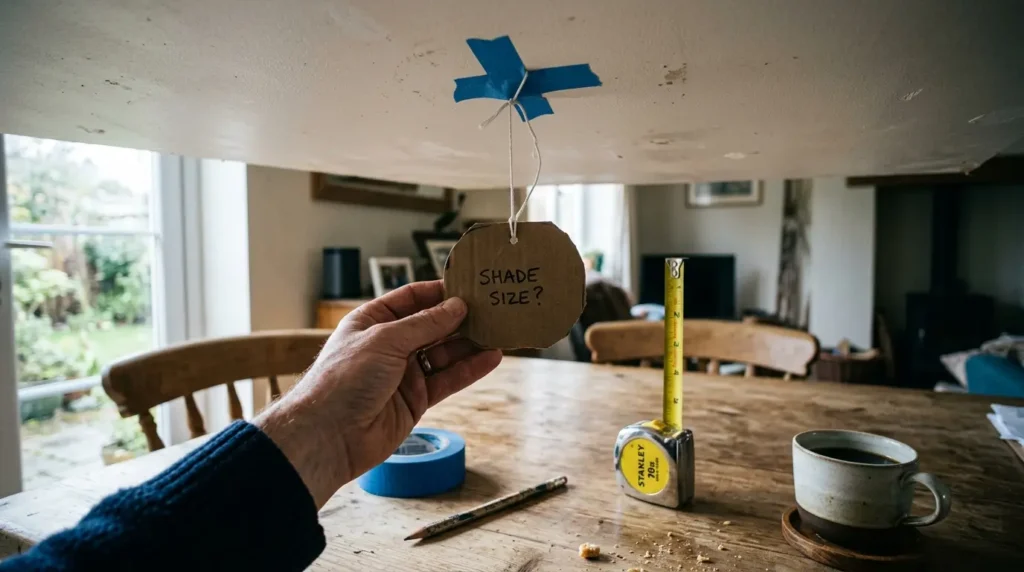 Card shade on a string taped above a dining table to test pendant light height before drilling