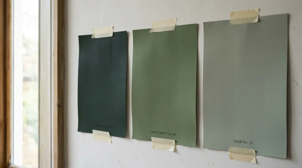 Testing green paint samples on a wall in different light.