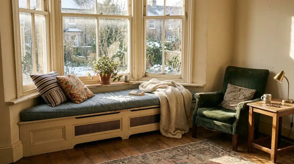 Living room layout with a window seat under a large window, armchair and side table arranged to frame the natural light