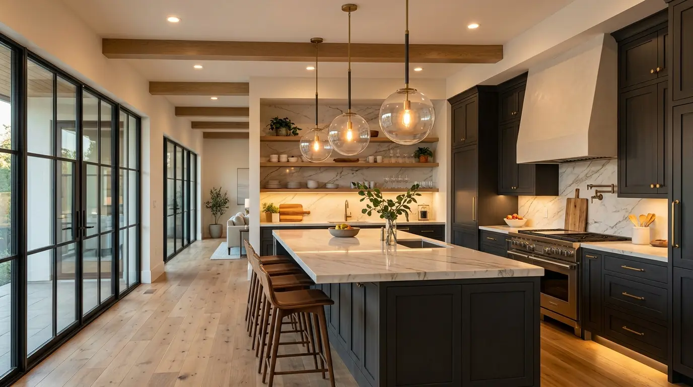 Three clear glass globe pendants hanging over a kitchen island with warm light