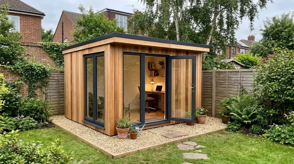 Timber garden office in a UK garden.