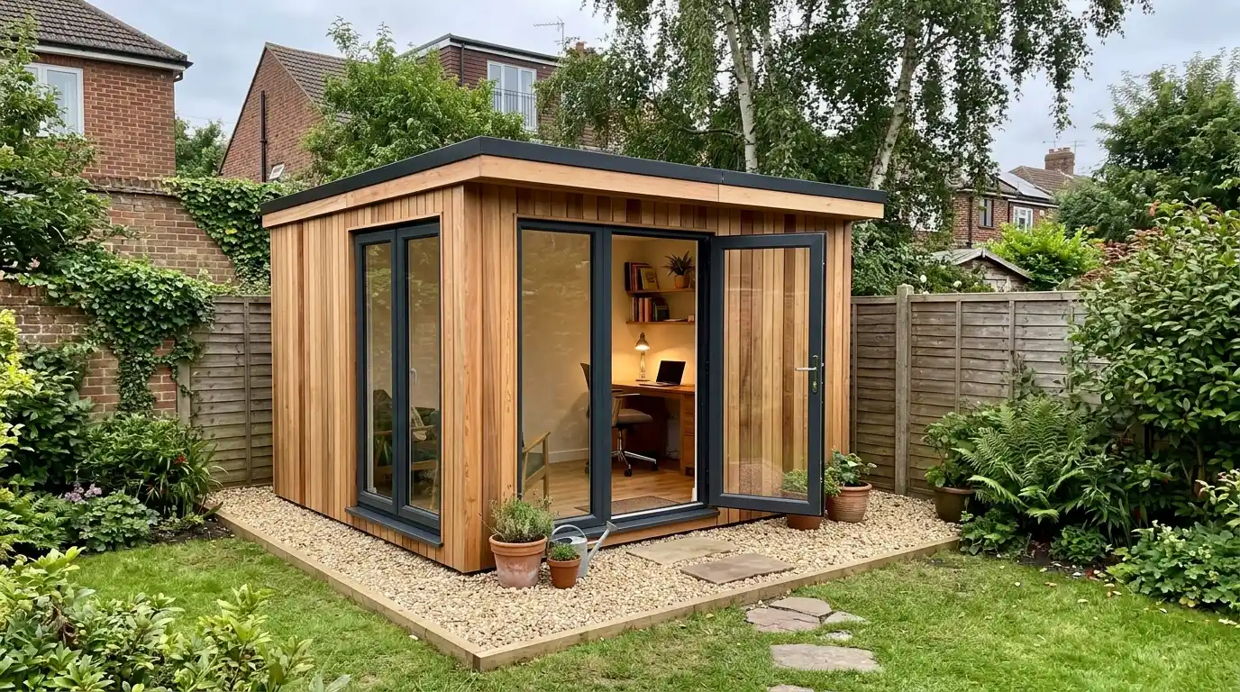 Timber garden office in a UK garden.