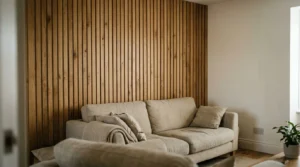 Vertical oak slat feature wall behind a sofa in a living room