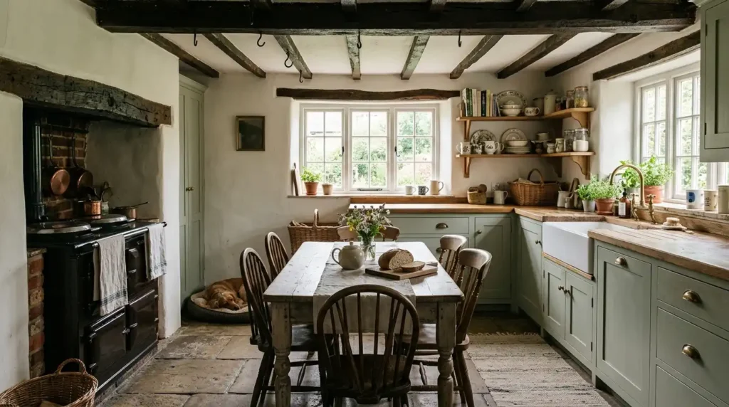 Traditional cottage kitchen with Belfast sink and beams.