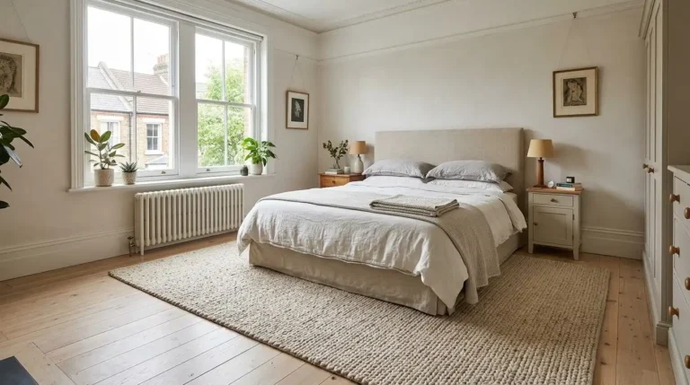 King bed with a wool rug extending past both sides and the foot on oak flooring