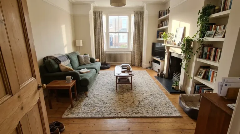 Living room rug under the front legs of a three-seater sofa, with bare floor at the skirting.