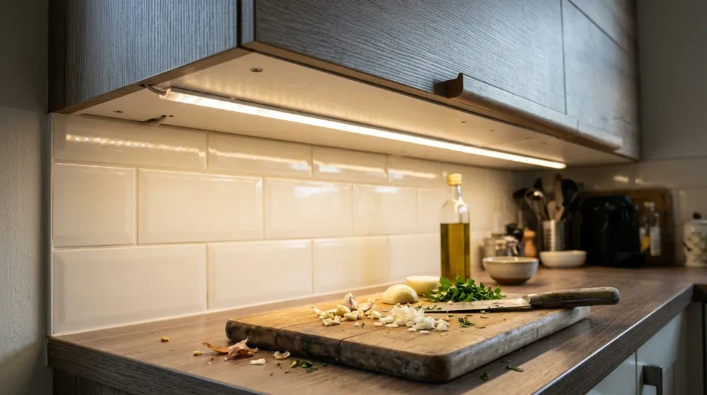 Under-cabinet LED strip lighting a kitchen worktop.