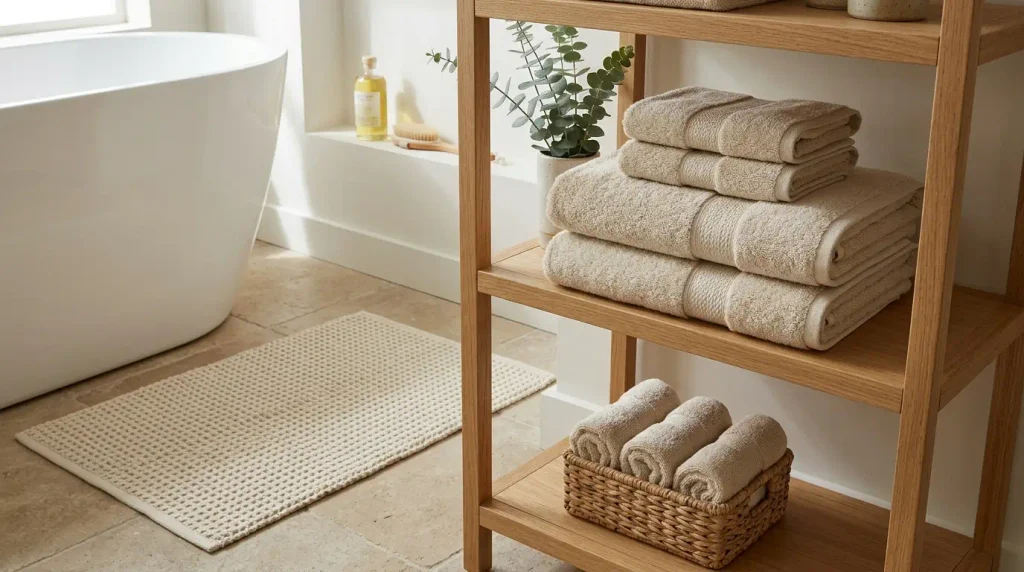 Buy fewer, better towels in one colour, ideally heavy 100% cotton, and add a quick-drying bath mat. 