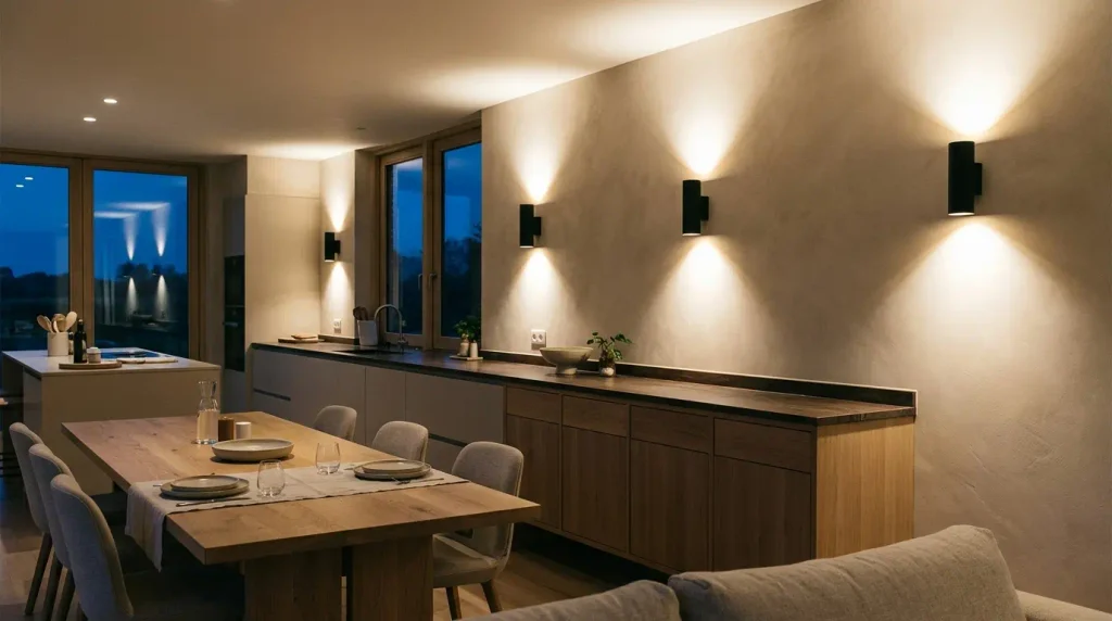 Wall-mounted lights beside a dining area or along a run of units 