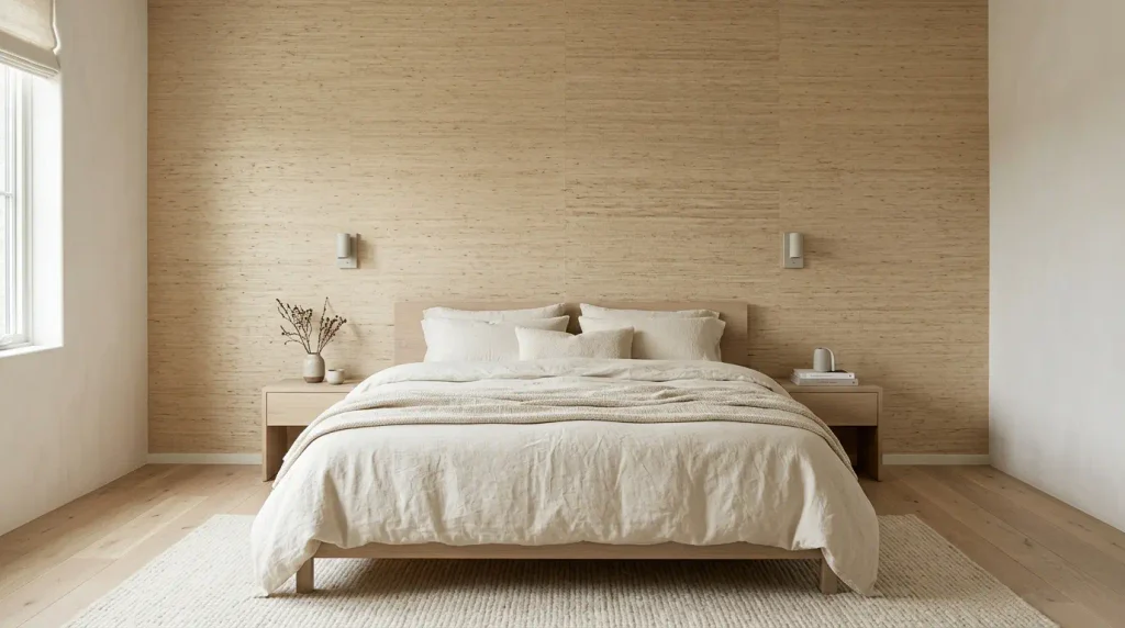 A papered bed wall is a feature as soon as the pattern is visible from the door. 