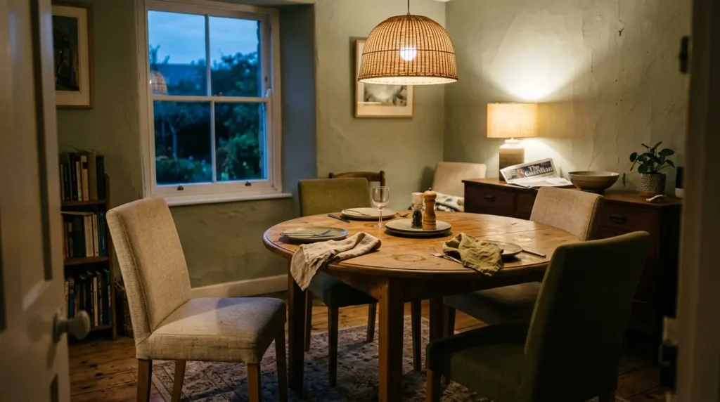 Warm, relaxed dining room with a round oak table, upholstered chairs and a pendant light set for an evening meal