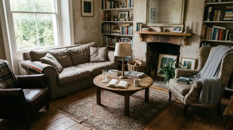 Well-lived-in living room layout with a sofa, two armchairs and a round coffee table arranged around a fireplace in afternoon light