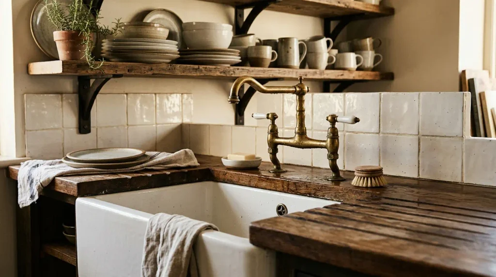 White Belfast sink in a traditional British country kitchen. Place under heading