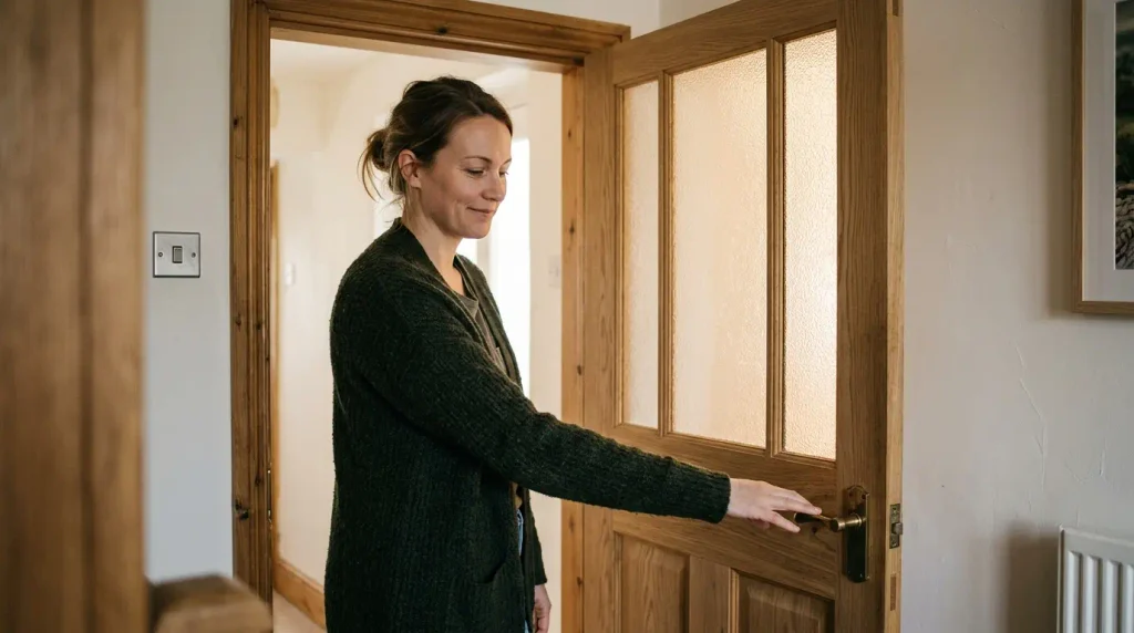 Glazed internal door allowing light between rooms in a British house.
