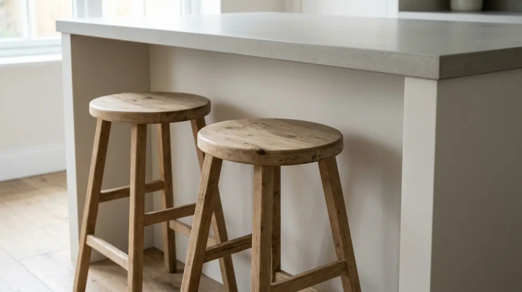 Two kitchen stools tucked under a breakfast bar.
