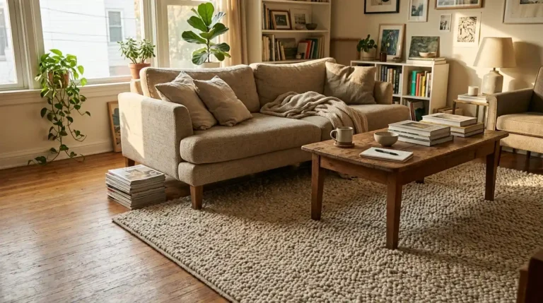 Wool living room rug under a sofa and coffee table, with a felt pad edge just hidden.