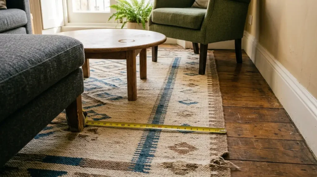 Coffee table set 45 cm from a sofa on a large rug showing correct living room furniture spacing