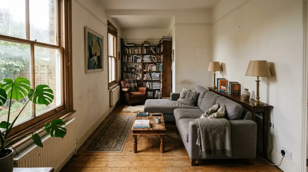 Narrow living room layout with a corner sofa, console table and two seating zones