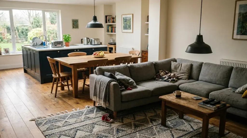 Open plan living room layout with a large rug and pendant light marking the sofa zone beside an open plan kitchen and dining table