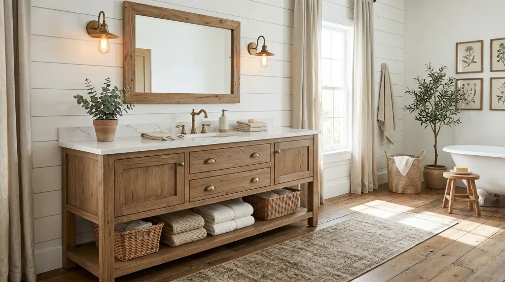 A furniture-style vanity gives a farmhouse bathroom its country character.