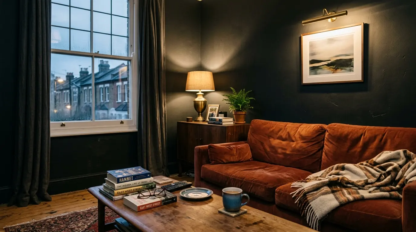 7 dark paint ideas for a dramatic living room shown in a soft black living room with a rust velvet sofa and warm lamps