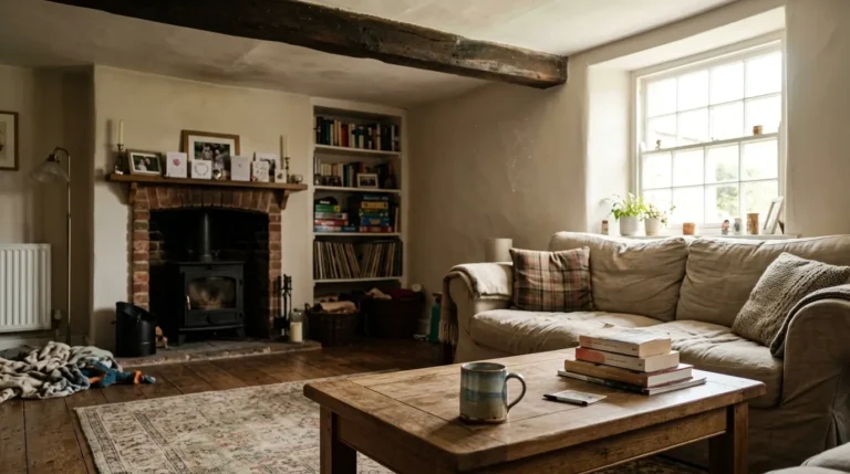 Lived-in farmhouse living room with oak beam, linen sofa and oak coffee table in natural light.