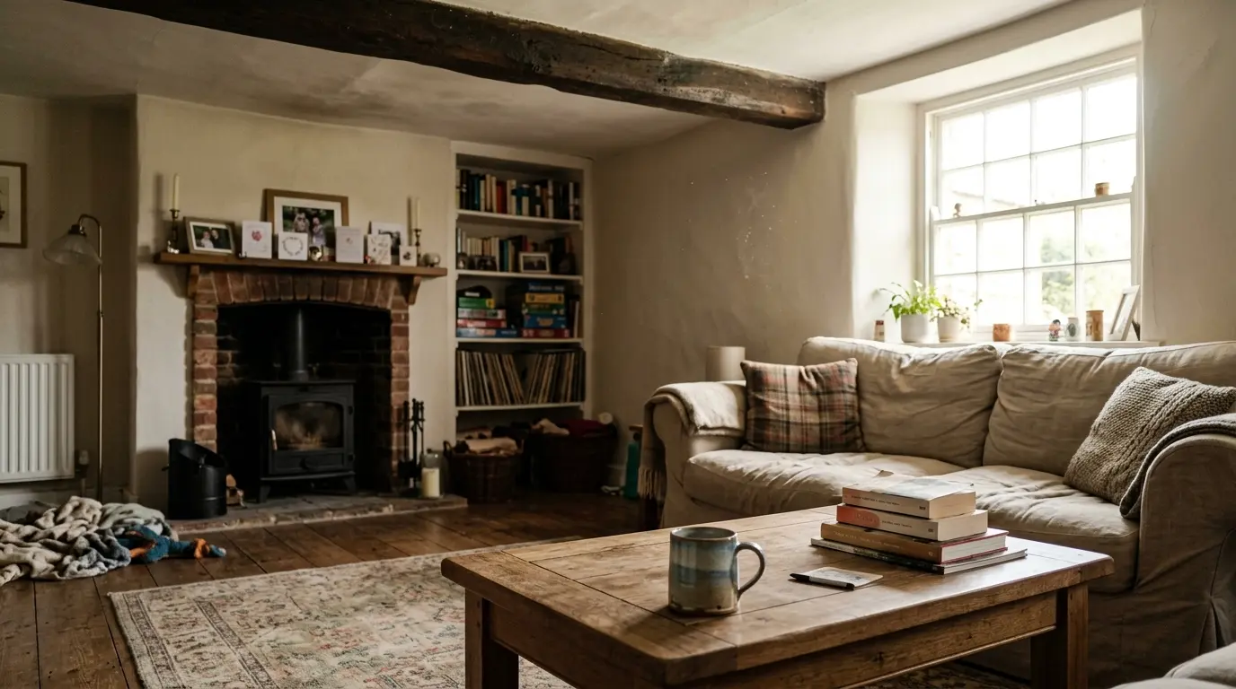 Lived-in farmhouse living room with oak beam, linen sofa and oak coffee table in natural light.