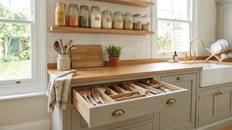 Organised kitchen cupboards and drawers in a clean UK home.