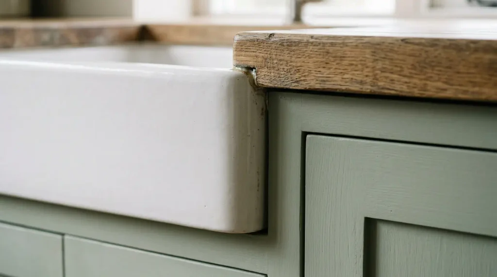 White Belfast sink apron against painted kitchen cabinets.
